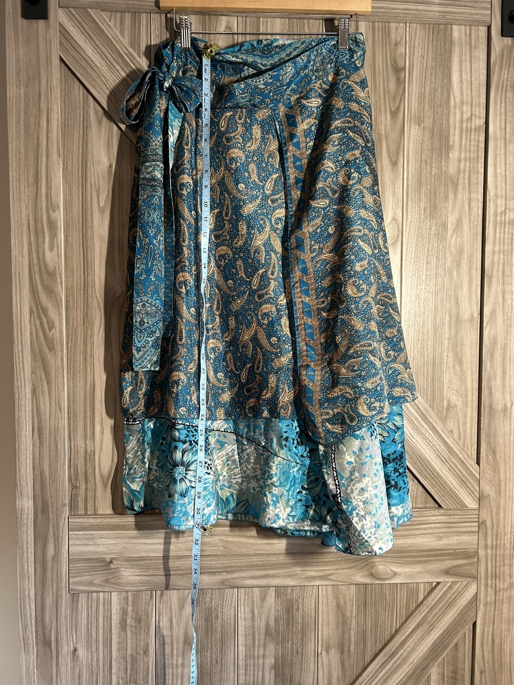 Vintage Sari Silk Magic Wrap Skirt Boho Teal Paisley Reversible Midi OSFM - Picture 6 of 10